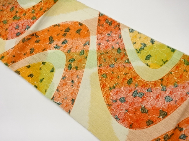 リサイクル　手織り真綿紬曲線に宝尽くし模様織出し名古屋帯